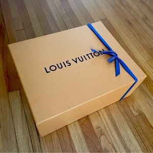 Louis Vuitton Empty Box, dust bags, shoe laces, blue ribbon, and envelope